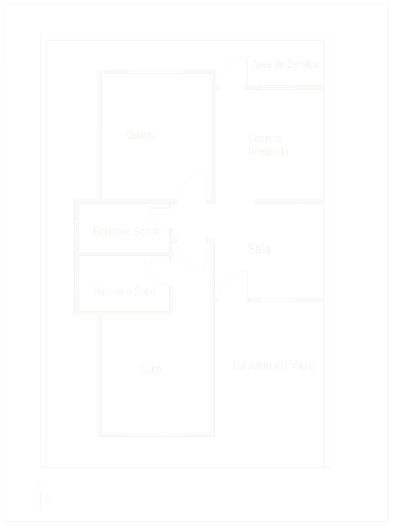 Planta baixa: quarto, suíte com banheiro, banheiro social, sala e cozinha integradas, área de serviço e garagem de uma vaga